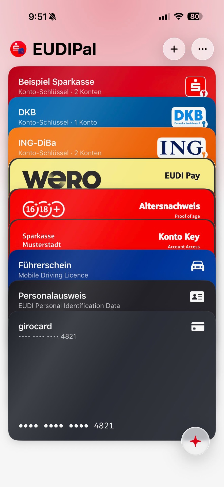EUDIPal wallet view with bank card, SCA credential, and age attestation — iOS 26 Liquid Glass